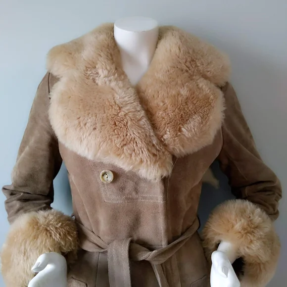 Vtg 70s Almost Famous Shearling Collar Cuffs Suede Maxi Wrap Trench Coat XS S - Picture 2 of 7